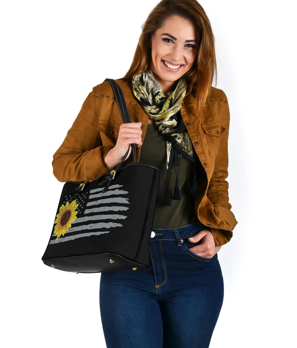 Distressed American Flag With Sunflower Vegan Leather Tote Bag
