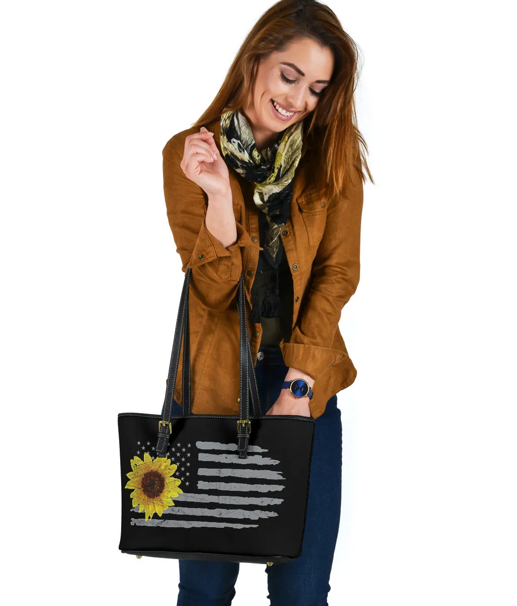Distressed American Flag With Sunflower Vegan Leather Tote Bag