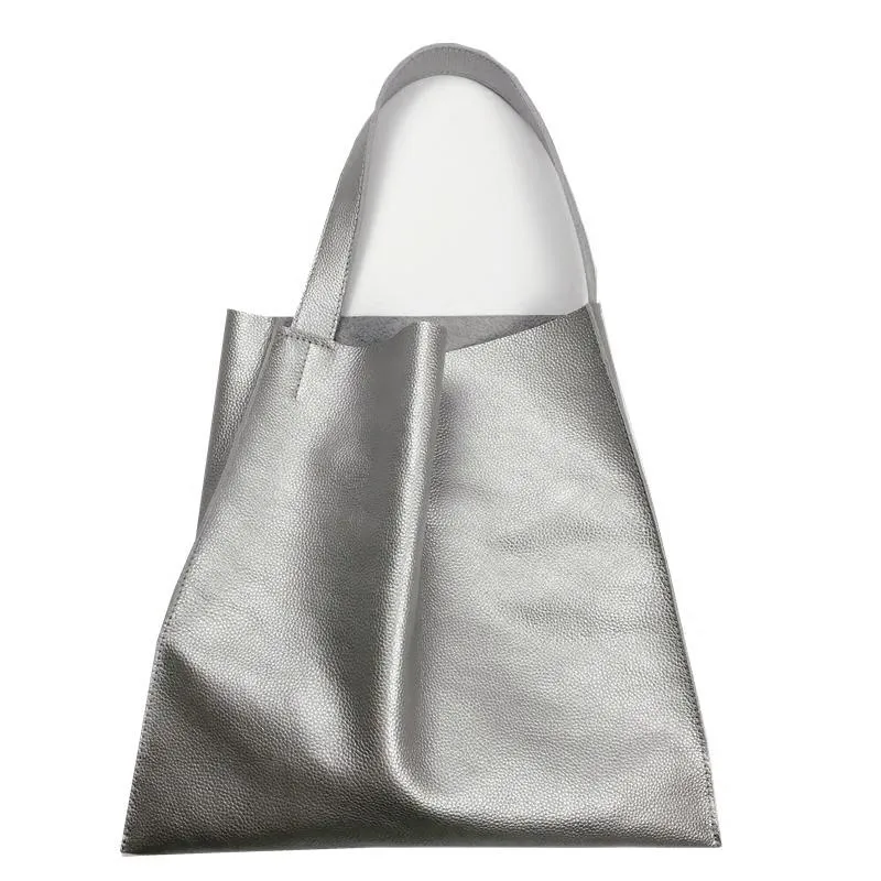 Fashion Womens Silver Leather Vertical Tote Bag Silver Shoulder Tote Bags Handbag Tote For Women