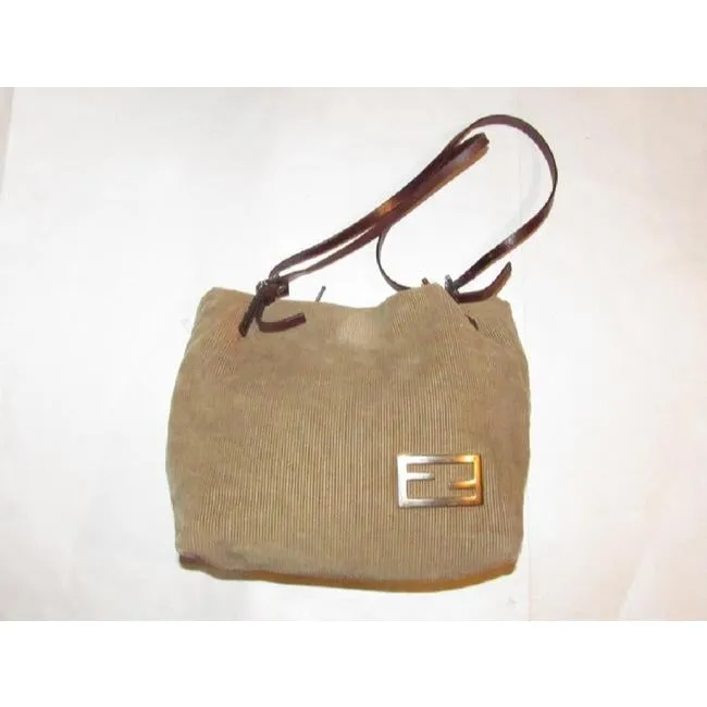 Fendi Or Satchel Style Purses Camel Corduroy And Brown Leather With Chrome Hardware Tote