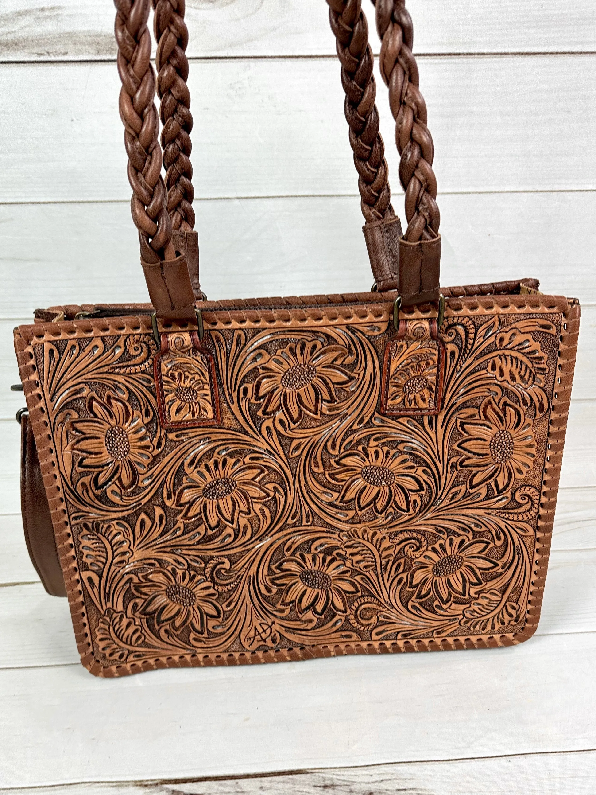 Floral Dream: Leather Laptop Tote with Floral Tooling and Flat Braided Handles