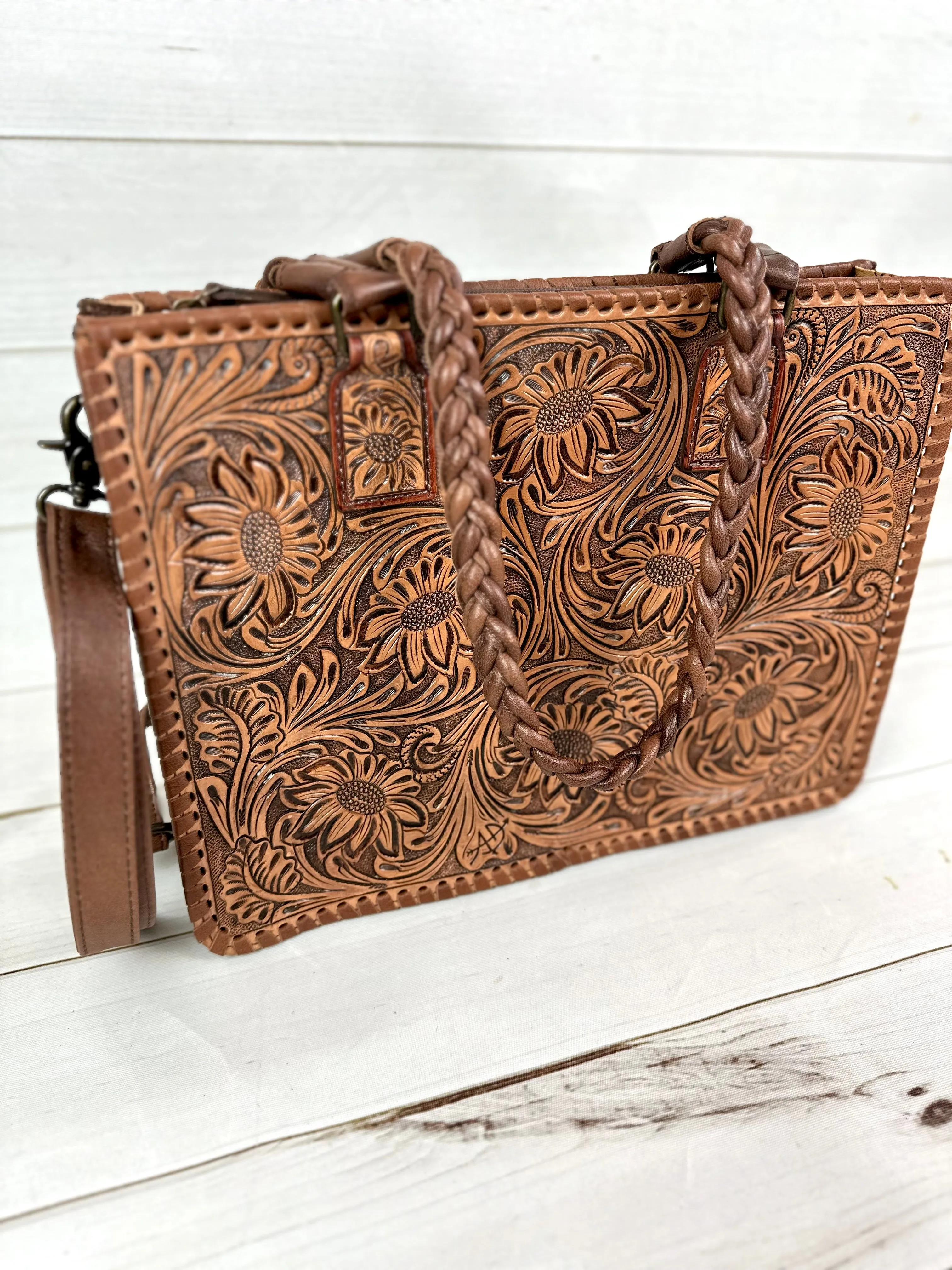 Floral Dream: Leather Laptop Tote with Floral Tooling and Flat Braided Handles