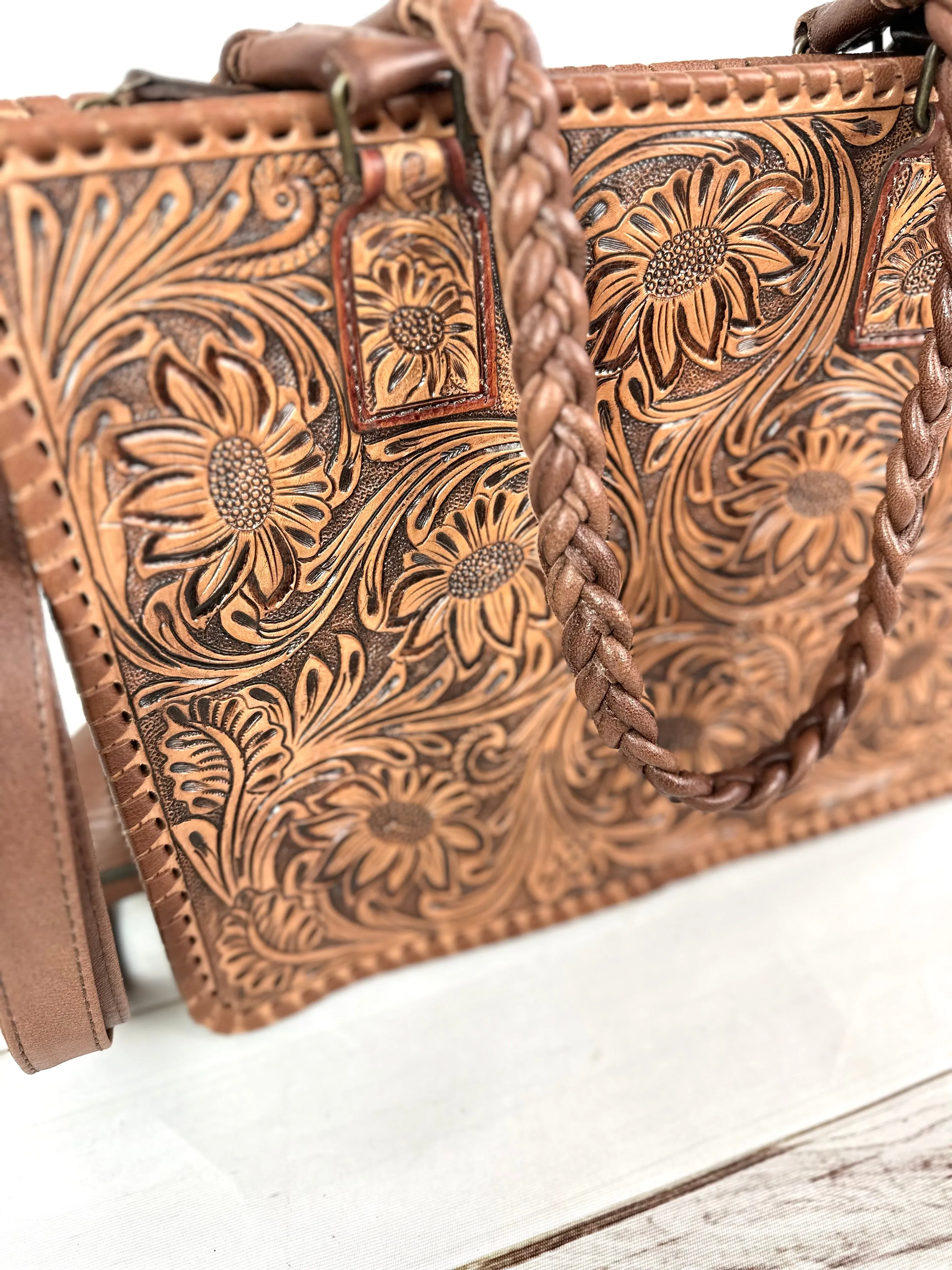 Floral Dream: Leather Laptop Tote with Floral Tooling and Flat Braided Handles