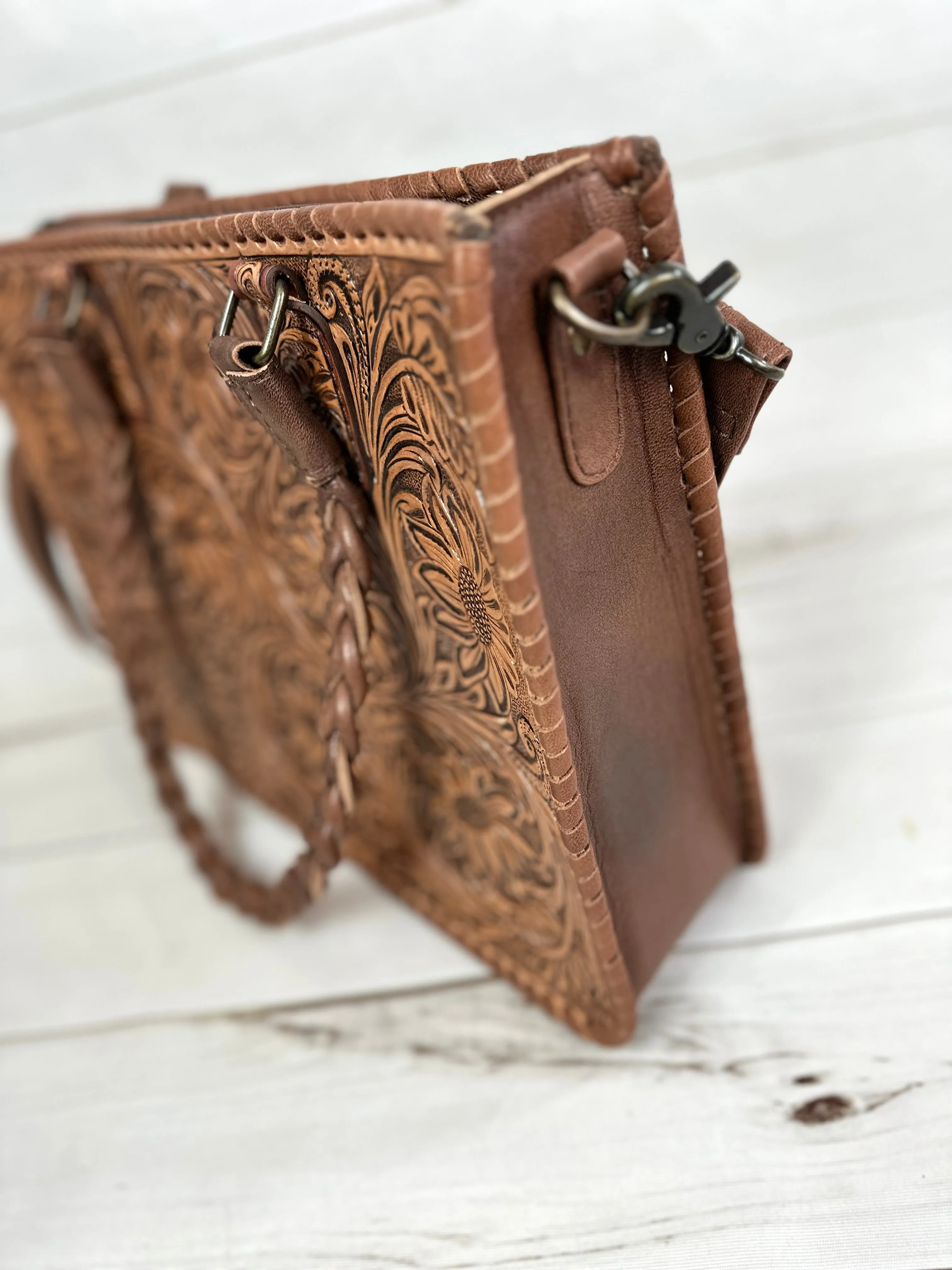 Floral Dream: Leather Laptop Tote with Floral Tooling and Flat Braided Handles