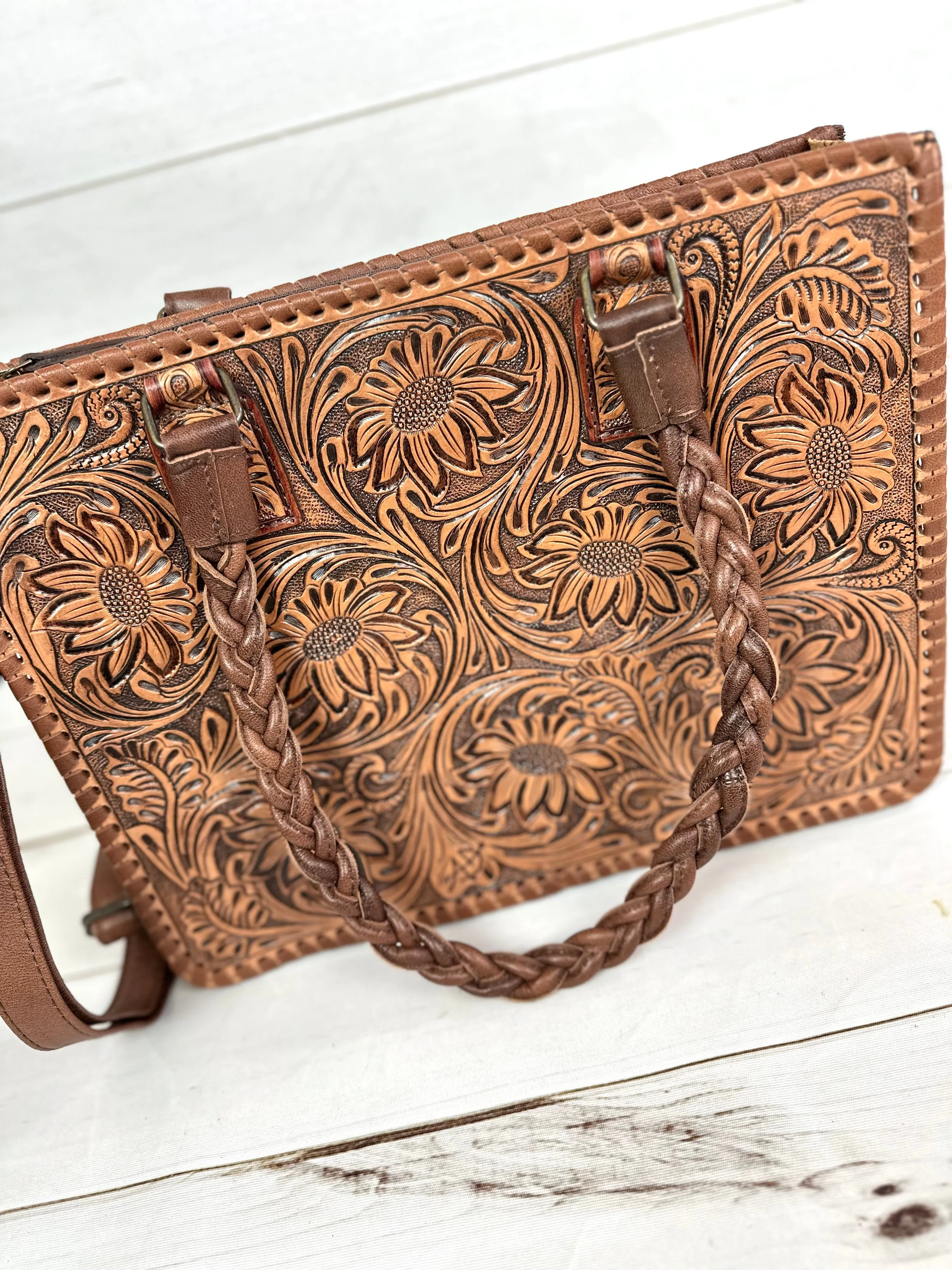 Floral Dream: Leather Laptop Tote with Floral Tooling and Flat Braided Handles