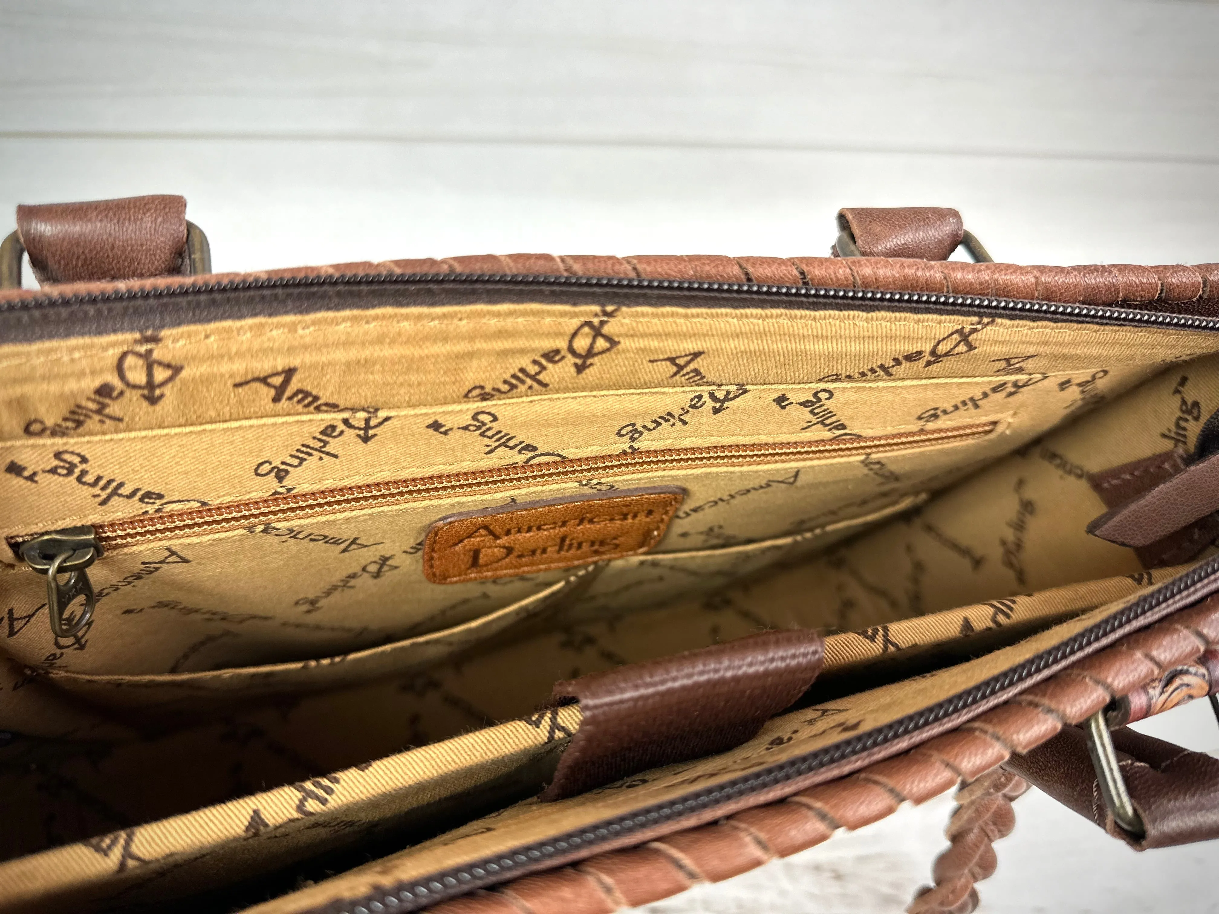 Floral Dream: Leather Laptop Tote with Floral Tooling and Flat Braided Handles