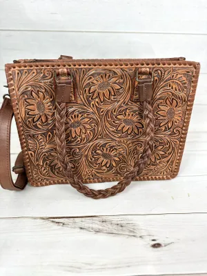Floral Dream: Leather Laptop Tote with Floral Tooling and Flat Braided Handles