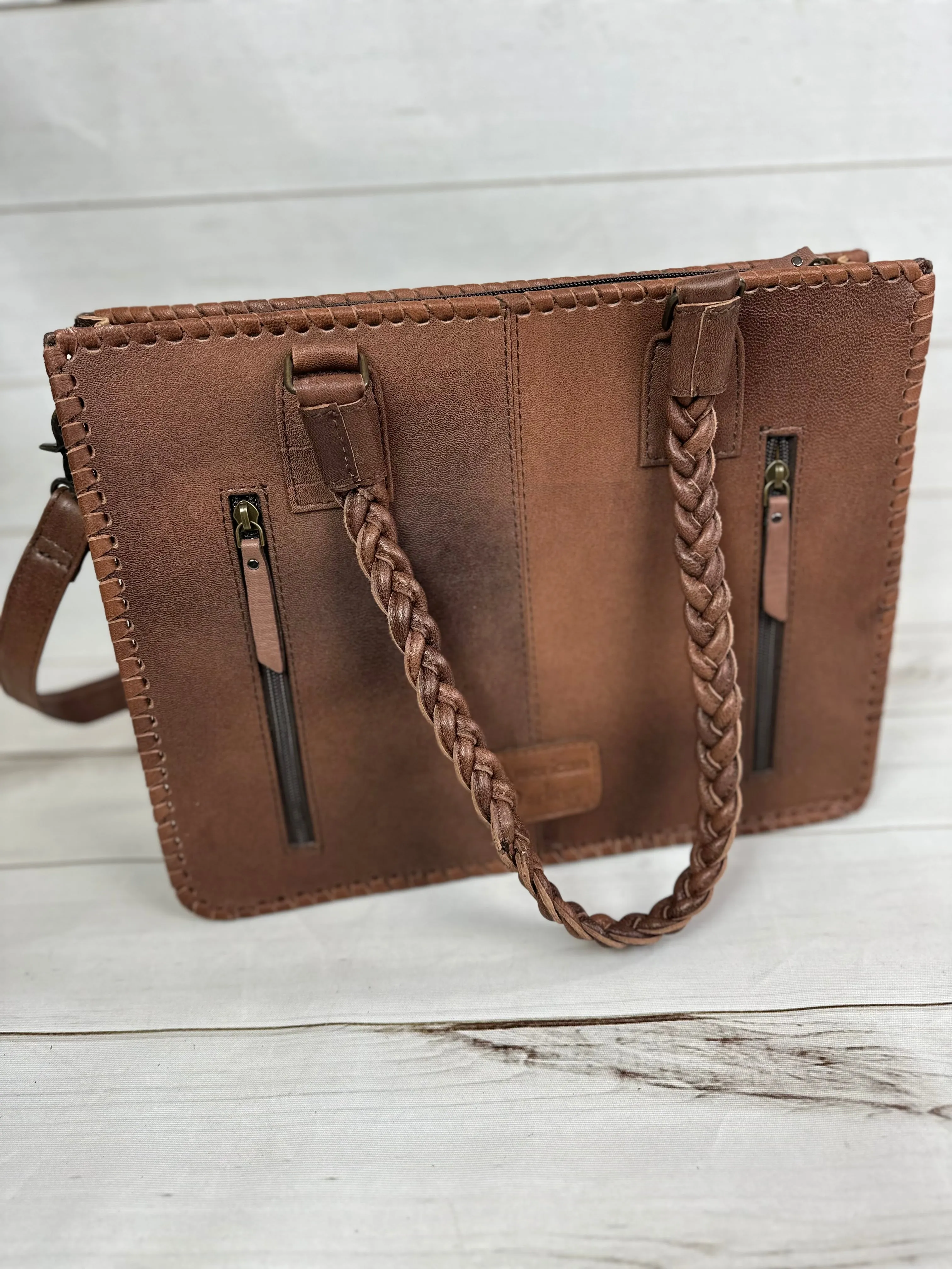 Floral Dream: Leather Laptop Tote with Floral Tooling and Flat Braided Handles