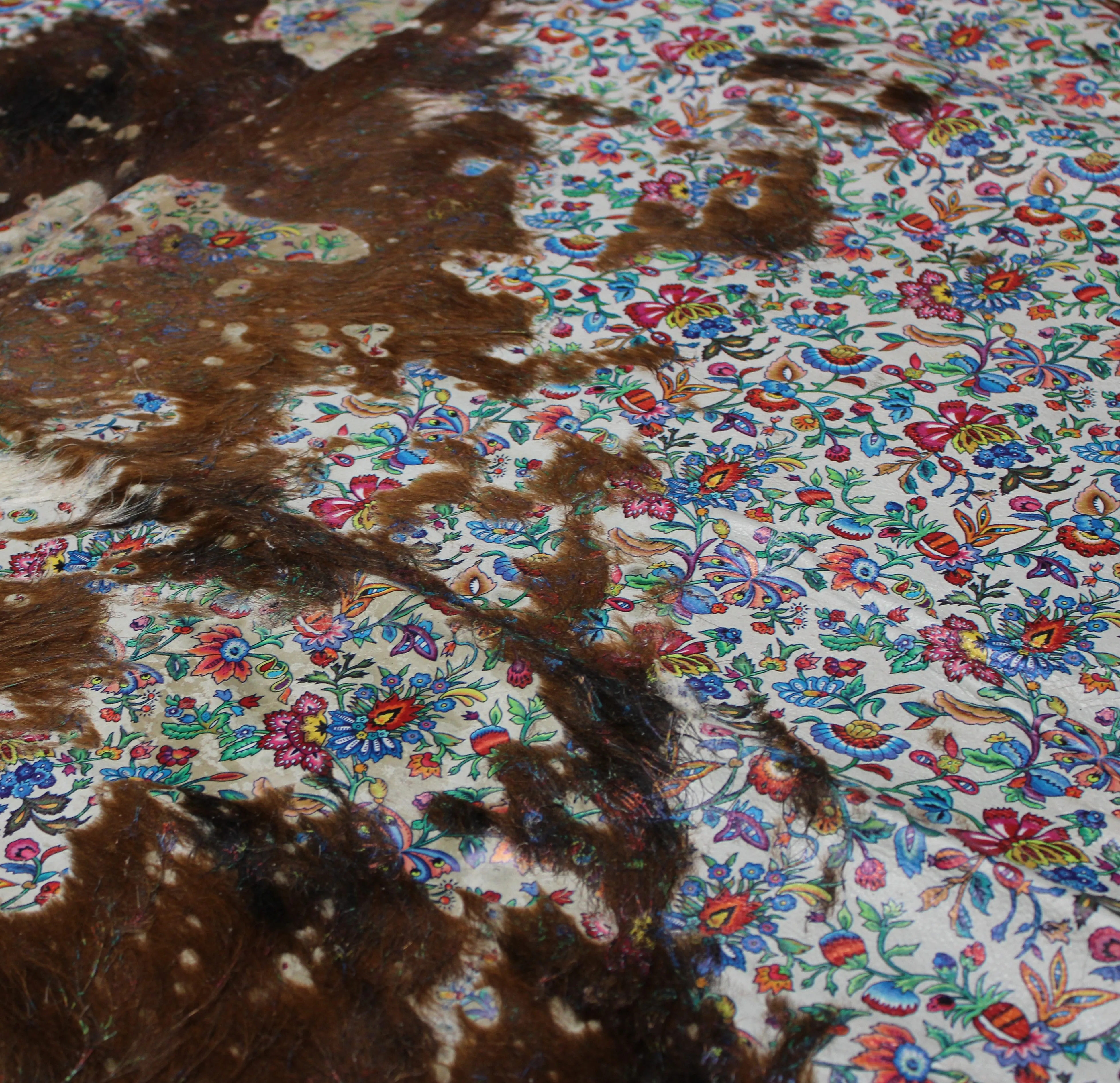 Flowers Print  on  Tricolor COWHIDE - 82x67 INCHES - Premium Cowhide Leather