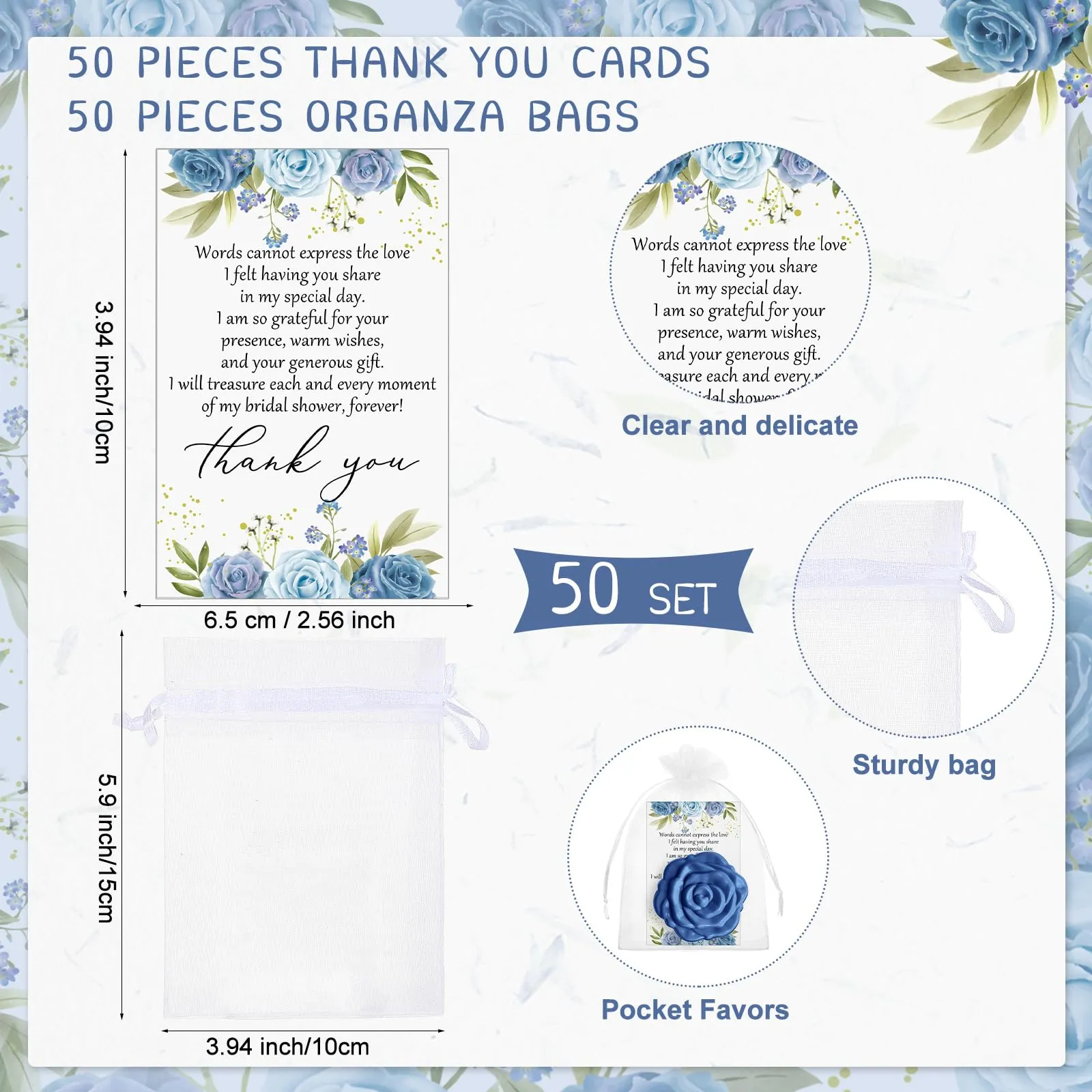 FoldTier 50 Sets Bridal Shower Party Favors for Guests Small Rose Compact Mirror Bulk Wedding Favors Thank You Cards and Organza Bags Wedding Party Guests Souvenir Gift (Blue)