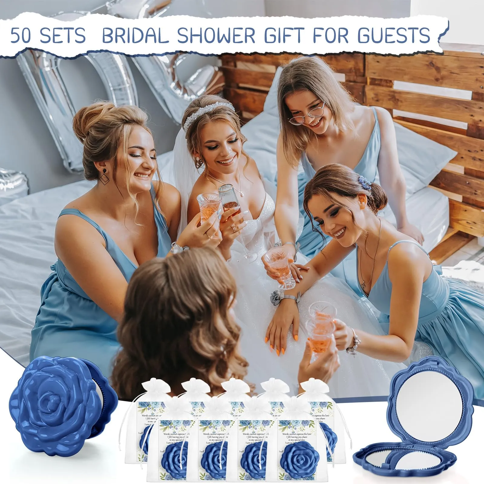 FoldTier 50 Sets Bridal Shower Party Favors for Guests Small Rose Compact Mirror Bulk Wedding Favors Thank You Cards and Organza Bags Wedding Party Guests Souvenir Gift (Blue)
