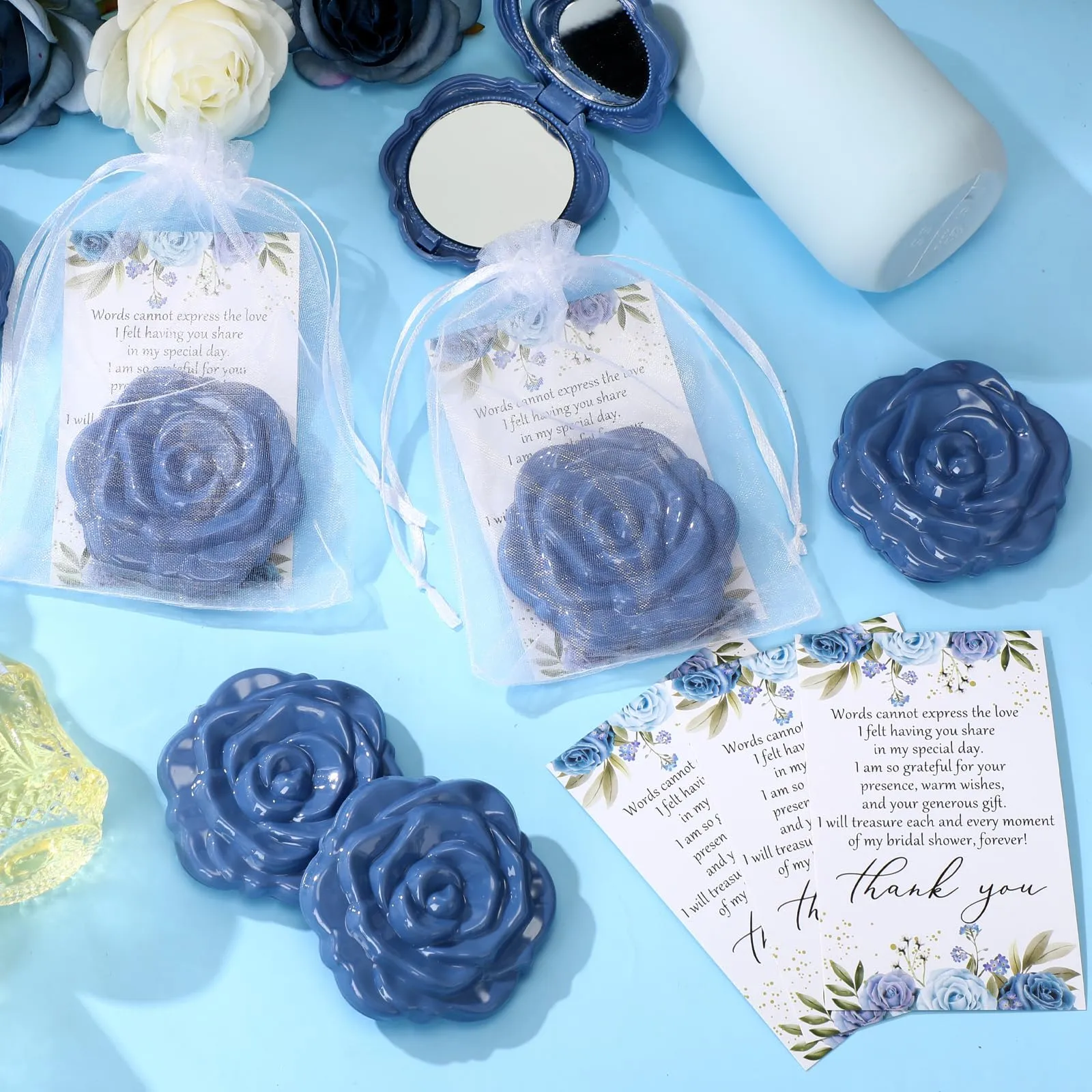 FoldTier 50 Sets Bridal Shower Party Favors for Guests Small Rose Compact Mirror Bulk Wedding Favors Thank You Cards and Organza Bags Wedding Party Guests Souvenir Gift (Blue)