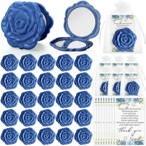 FoldTier 50 Sets Bridal Shower Party Favors for Guests Small Rose Compact Mirror Bulk Wedding Favors Thank You Cards and Organza Bags Wedding Party Guests Souvenir Gift (Blue)