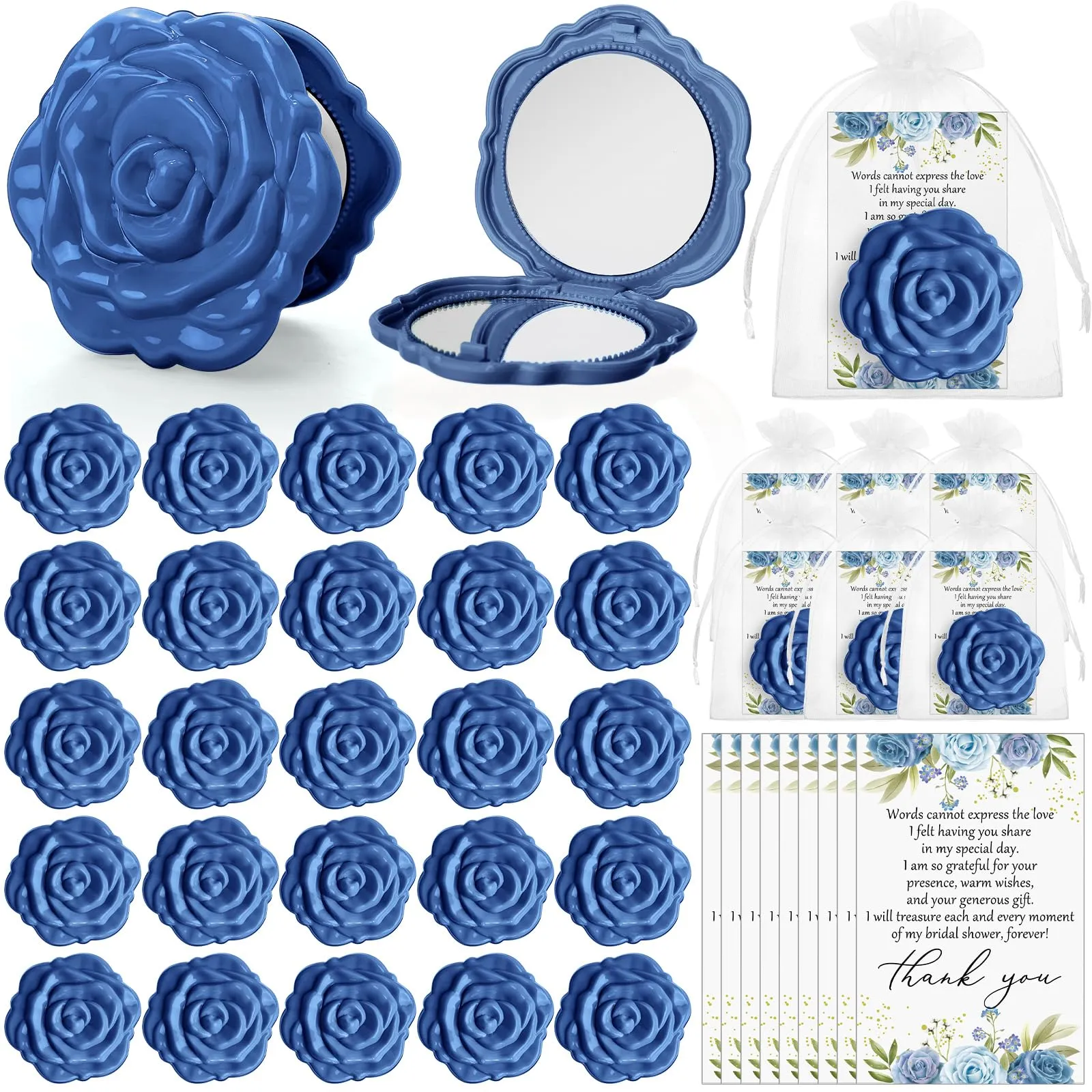 FoldTier 50 Sets Bridal Shower Party Favors for Guests Small Rose Compact Mirror Bulk Wedding Favors Thank You Cards and Organza Bags Wedding Party Guests Souvenir Gift (Blue)