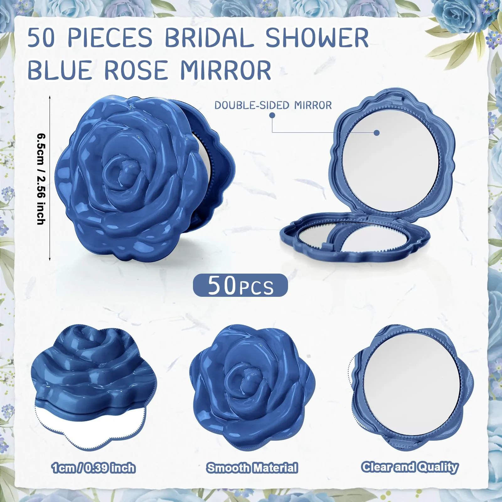 FoldTier 50 Sets Bridal Shower Party Favors for Guests Small Rose Compact Mirror Bulk Wedding Favors Thank You Cards and Organza Bags Wedding Party Guests Souvenir Gift (Blue)