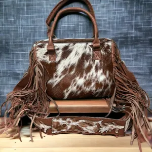 Fringe-Adorned Cowhide Bag with Crossbody Strap and Tote Handle