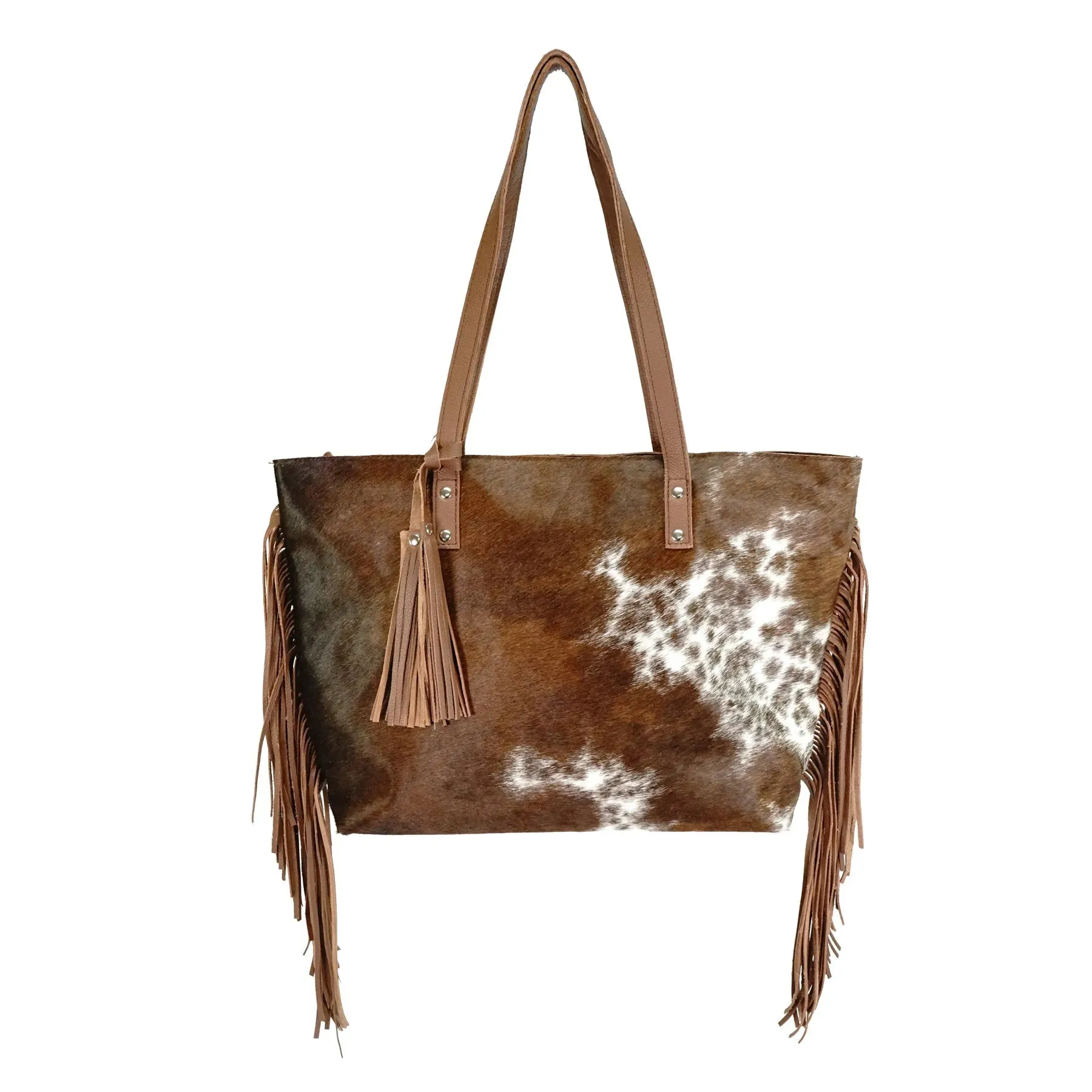 Genuine leather hair on cowhide women's shoulder bag with fringes