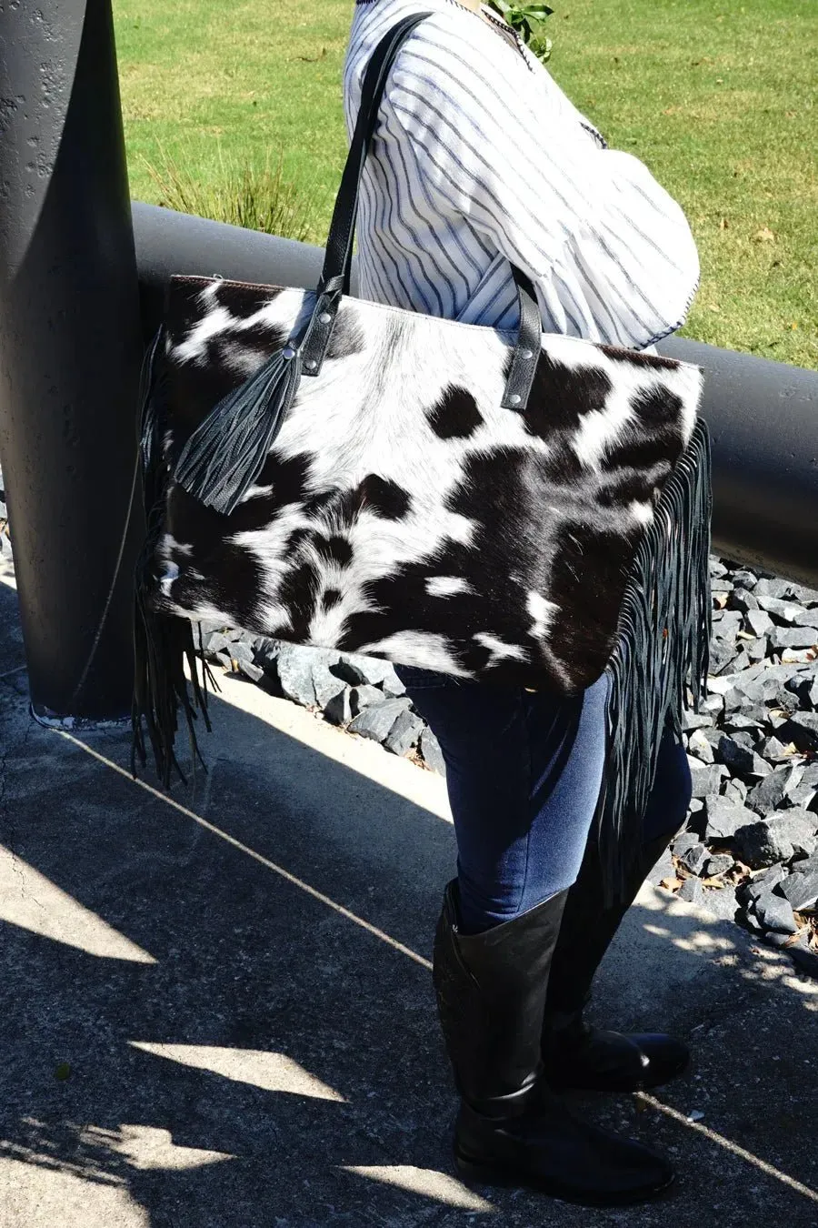 Genuine leather hair on cowhide women's shoulder bag with fringes