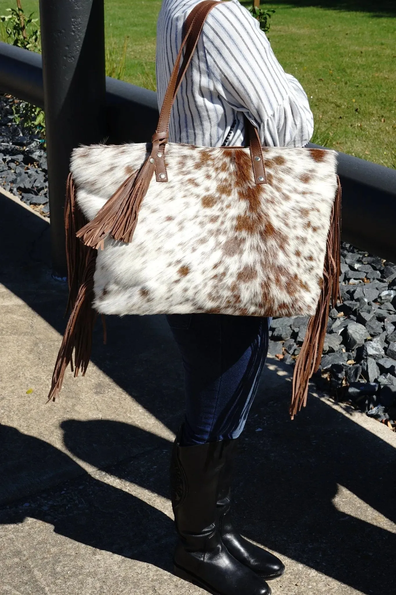 Genuine leather hair on cowhide women's shoulder bag with fringes