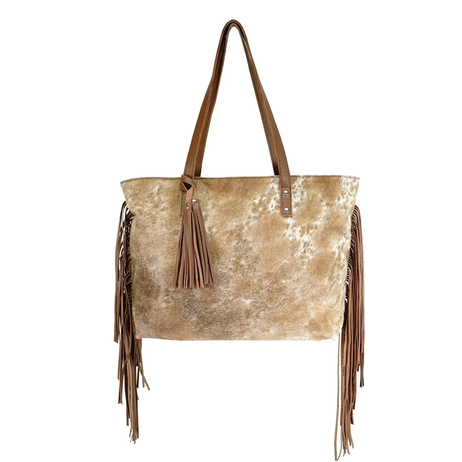 Genuine leather hair on cowhide women's shoulder bag with fringes