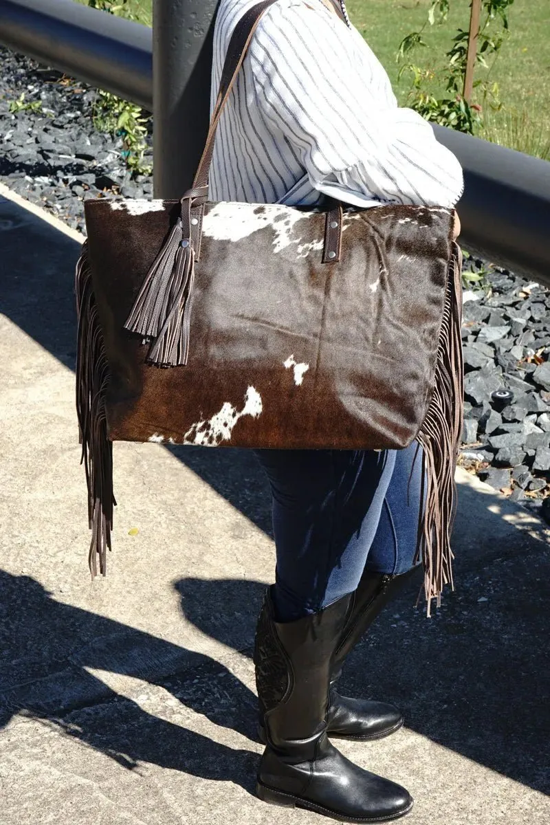 Genuine leather hair on cowhide women's shoulder bag with fringes