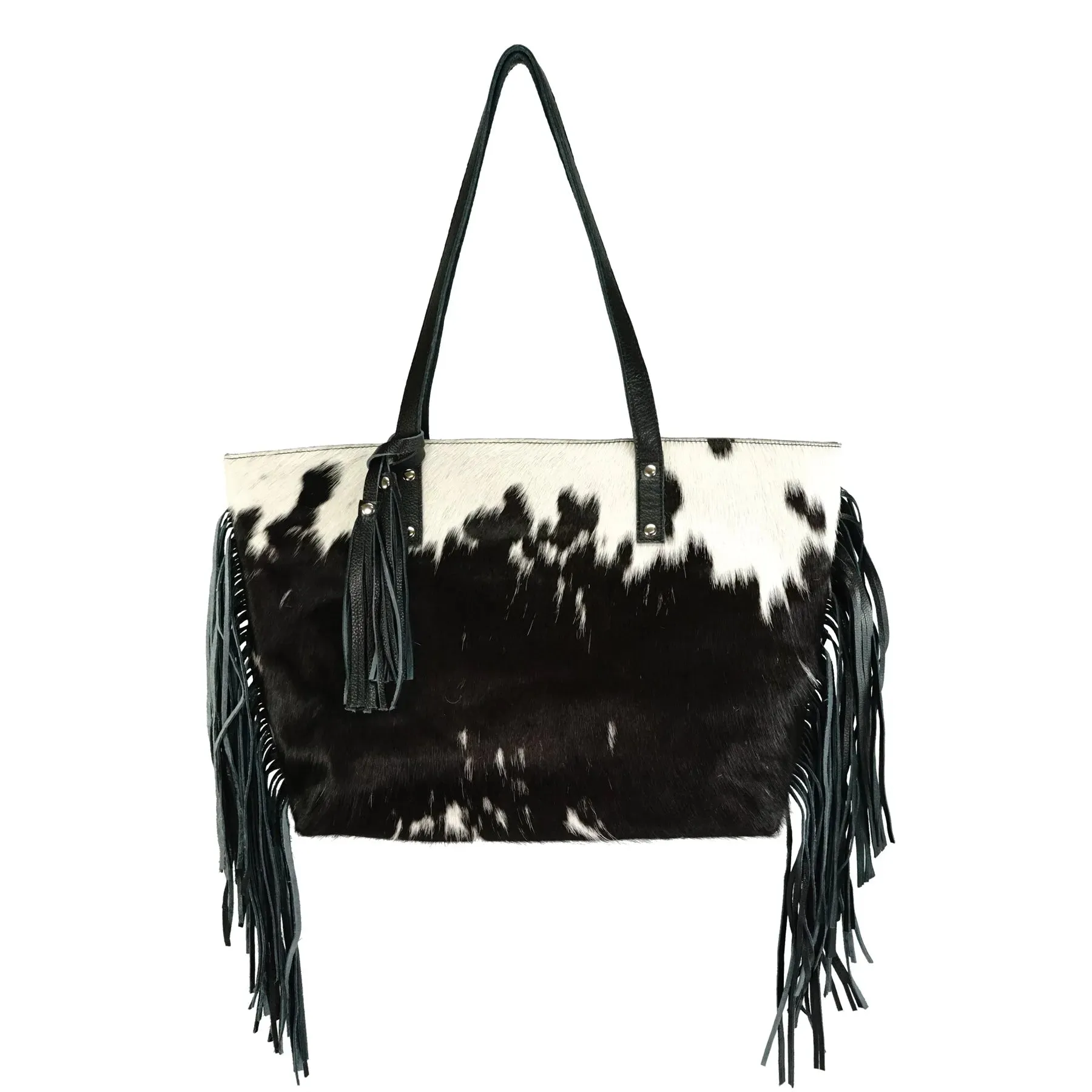 Genuine leather hair on cowhide women's shoulder bag with fringes
