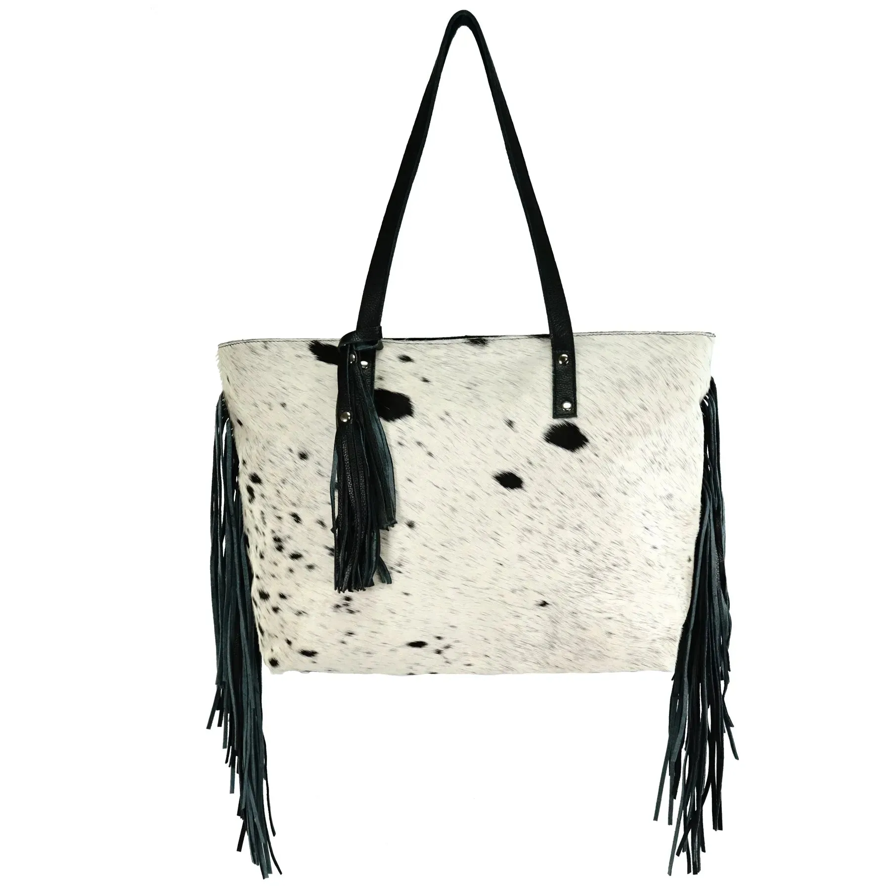 Genuine leather hair on cowhide women's shoulder bag with fringes