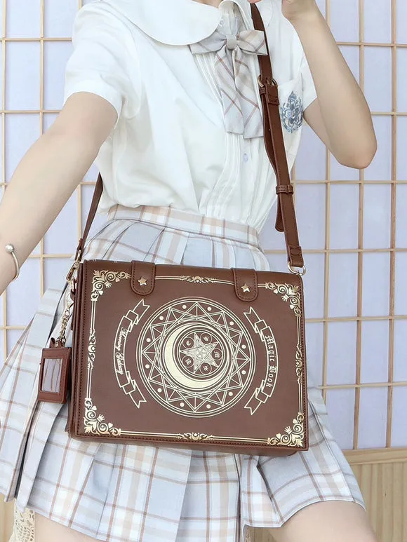 Gothic Lolita Bag Coffee Brown PU Leather Metal Details Floral Print Stars Print PU Leather Cross-body Bag Lolita Accessories