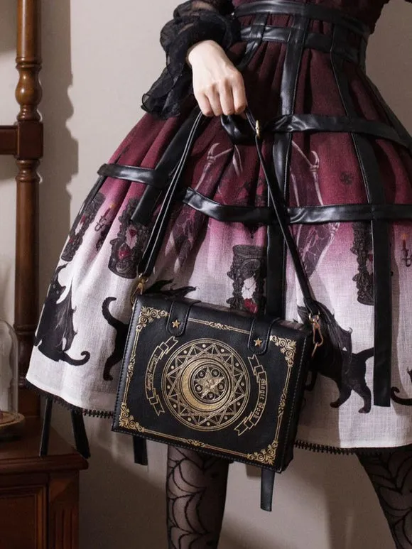Gothic Lolita Bag Coffee Brown PU Leather Metal Details Floral Print Stars Print PU Leather Cross-body Bag Lolita Accessories
