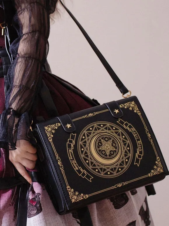 Gothic Lolita Bag Coffee Brown PU Leather Metal Details Floral Print Stars Print PU Leather Cross-body Bag Lolita Accessories