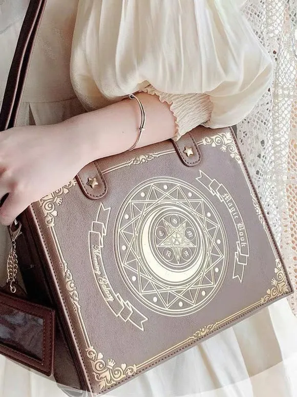 Gothic Lolita Bag Coffee Brown PU Leather Metal Details Floral Print Stars Print PU Leather Cross-body Bag Lolita Accessories