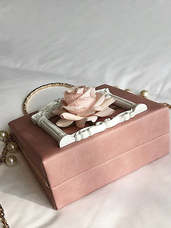 Gothic Lolita Bag Pink Chains Pearls Applique Handbag PU Leather Lolita Accessories