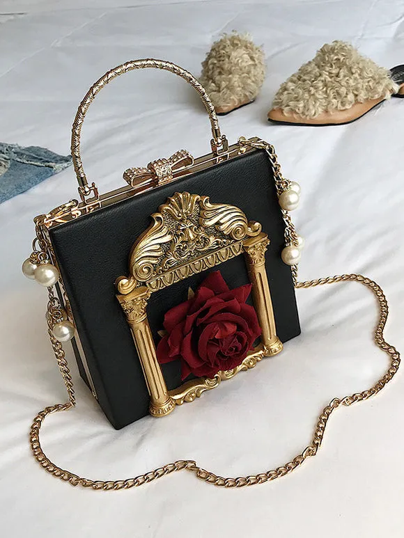 Gothic Lolita Bag Pink Chains Pearls Applique Handbag PU Leather Lolita Accessories