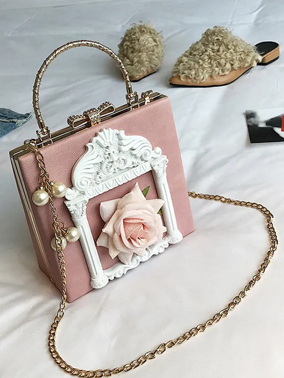 Gothic Lolita Bag Pink Chains Pearls Applique Handbag PU Leather Lolita Accessories