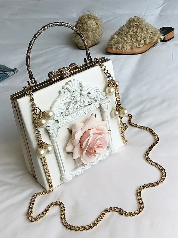 Gothic Lolita Bag Pink Chains Pearls Applique Handbag PU Leather Lolita Accessories