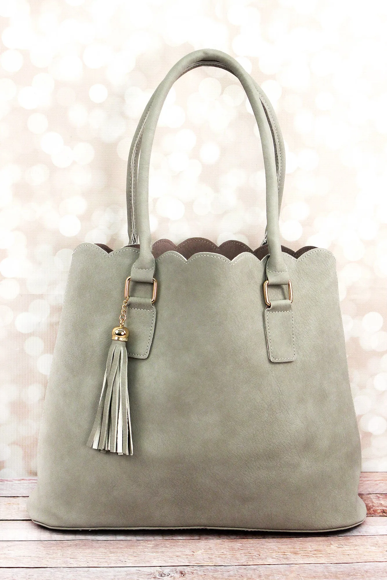 Gray Faux Leather Scalloped Tote