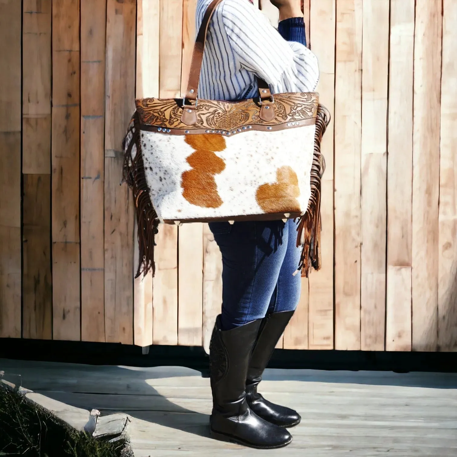 Hair on genius leather cowhide  tote bag with fringes