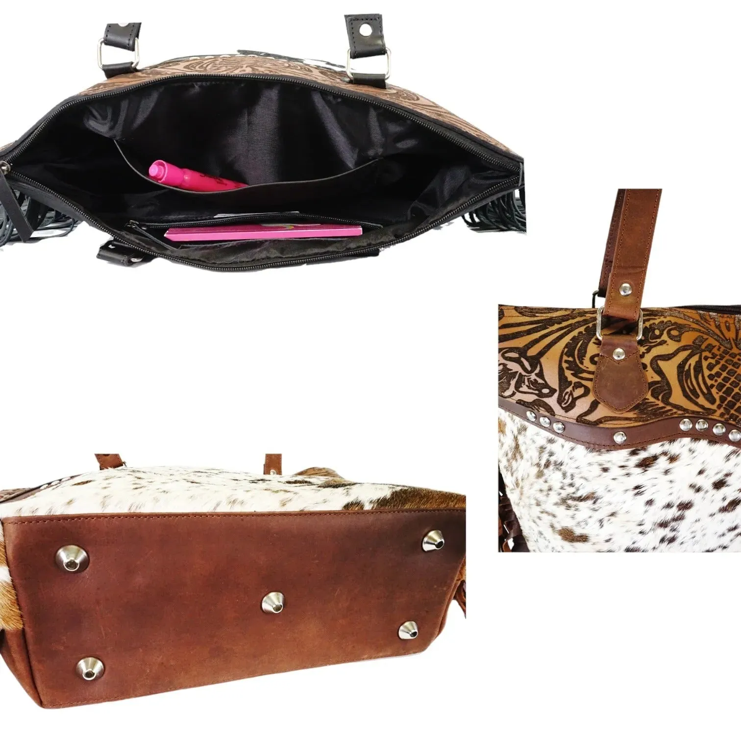 Hair on genius leather cowhide  tote bag with fringes