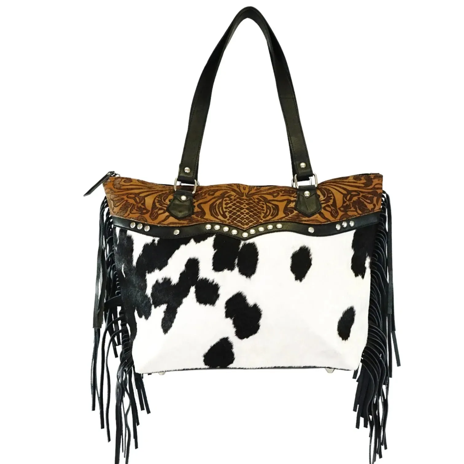 Hair on genius leather cowhide  tote bag with fringes