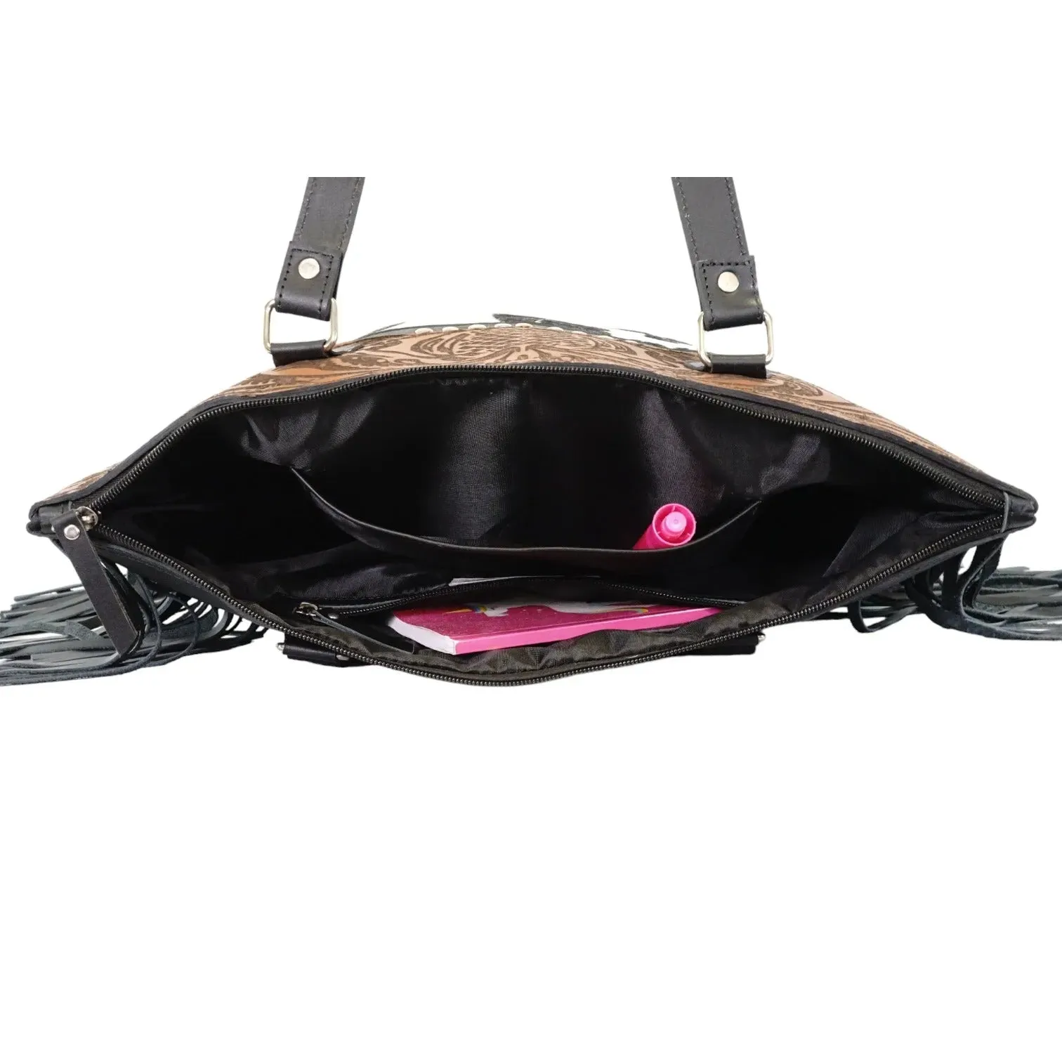 Hair on genius leather cowhide  tote bag with fringes
