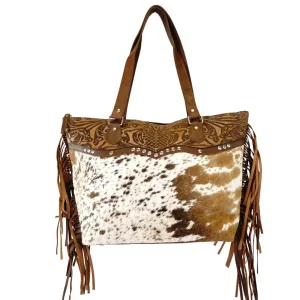Hair on genius leather cowhide  tote bag with fringes