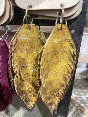 Hand-cut Mustard Scales Leather Feather Rare Bird Earrings