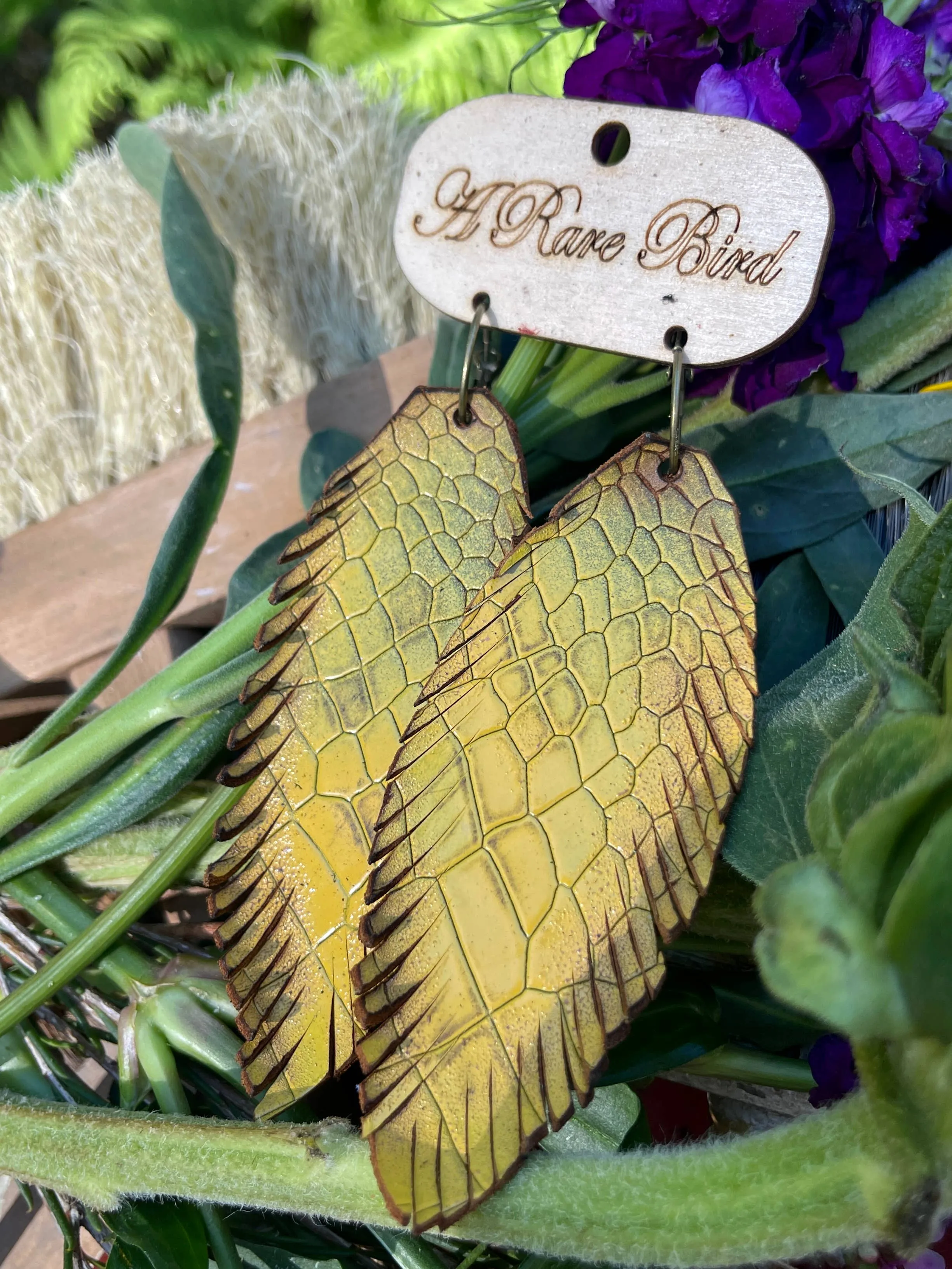 Hand-cut Mustard Scales Leather Feather Rare Bird Earrings