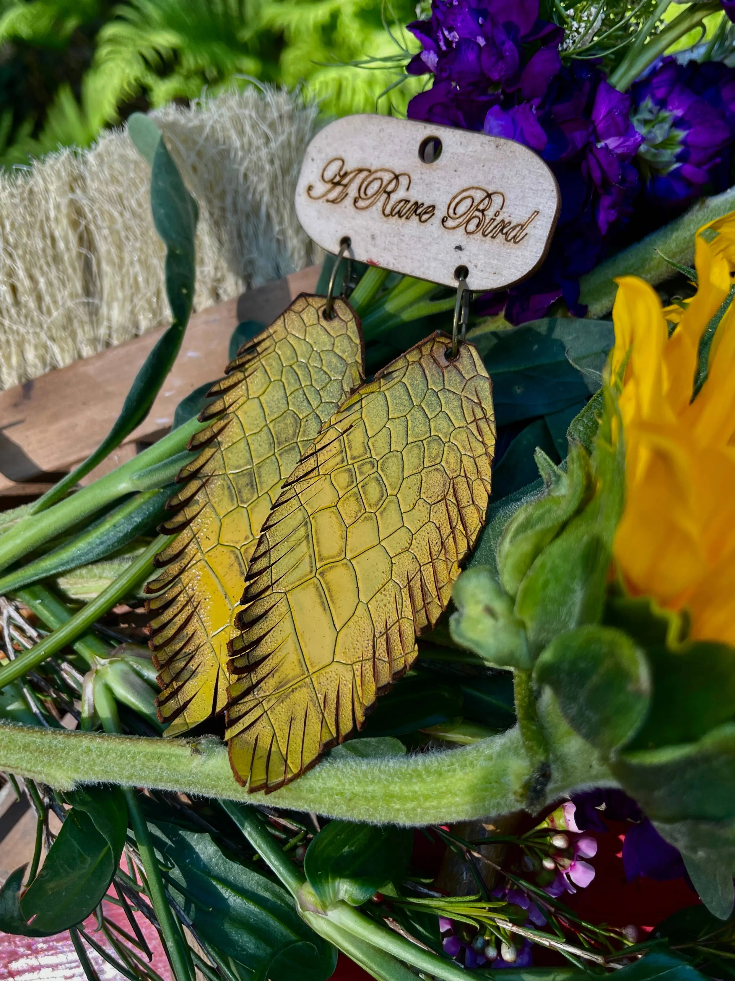 Hand-cut Mustard Scales Leather Feather Rare Bird Earrings