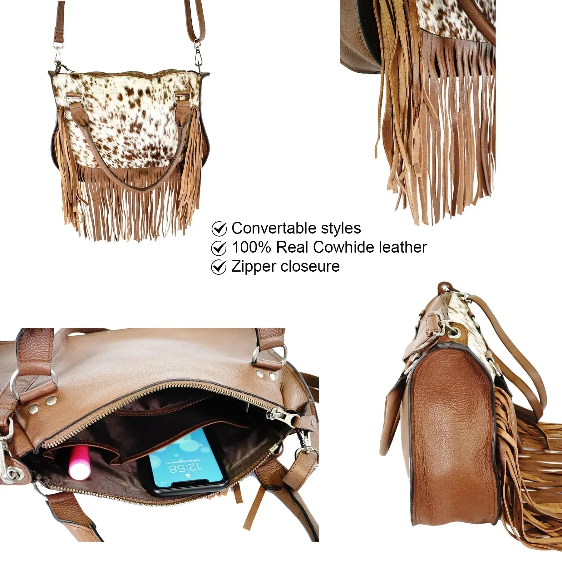 Handcrafted Genuine Cowhide Tote Bag with Fringe Detailing