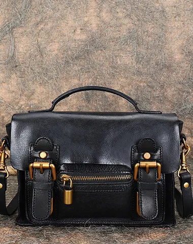 Handmade Small Leather Womens Satchel Shoulder Bags Black Handbag Crossbody Purse for Ladies
