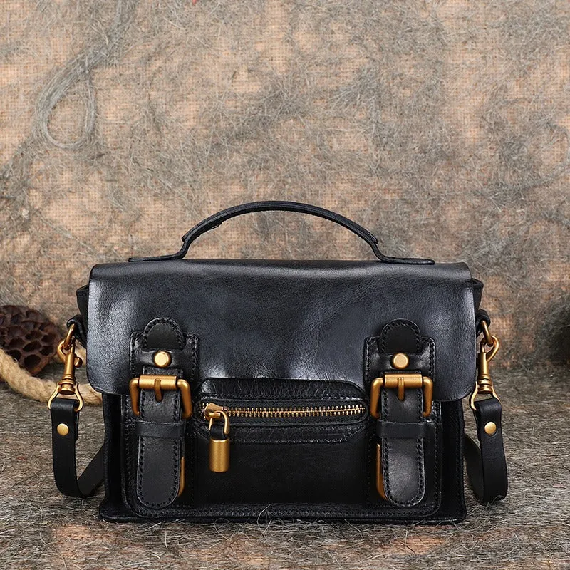 Handmade Small Leather Womens Satchel Shoulder Bags Black Handbag Crossbody Purse for Ladies