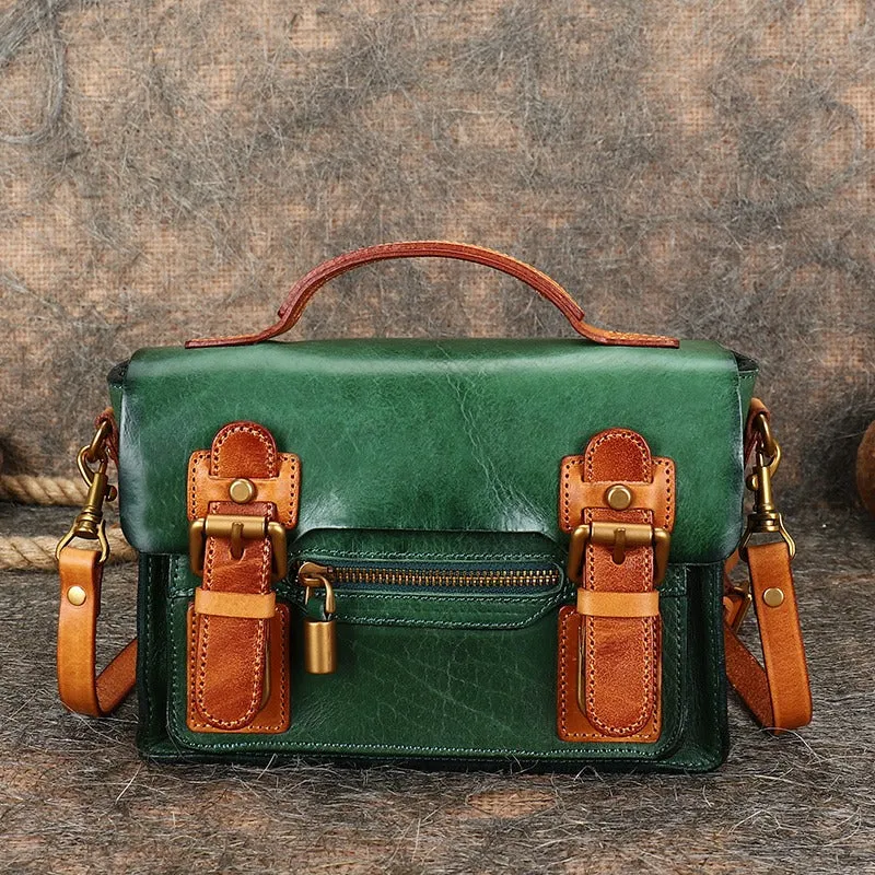 Handmade Small Leather Womens Satchel Shoulder Bags Green Handbag Crossbody Purse for Ladies