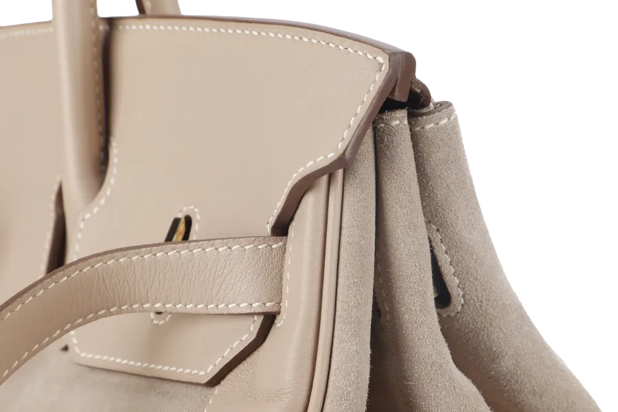 HERMES BIRKIN 35 GRIZZLY ARGILE SWIFT, DOBLIS WITH PERMABRASS HARDWARE STAMP Q (2013) WITH KEYS, LOCK, RAINCOAT AND DUST COVER