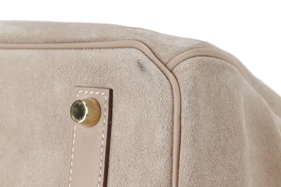 HERMES BIRKIN 35 GRIZZLY ARGILE SWIFT, DOBLIS WITH PERMABRASS HARDWARE STAMP Q (2013) WITH KEYS, LOCK, RAINCOAT AND DUST COVER